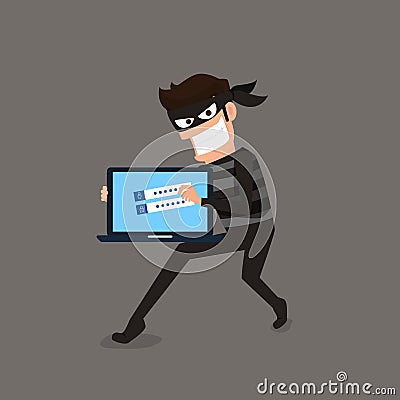 Thief. Hacker stealing sensitive data as passwords from a personal computer useful for anti phishing and internet viruses campaign Vector Illustration