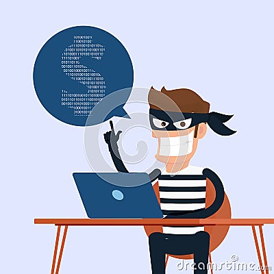 Thief. Hacker stealing sensitive data as passwords from a personal computer useful for anti phishing and internet viruses campaign Vector Illustration