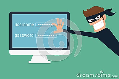 Thief. Hacker stealing sensitive data as passwords from a personal computer Vector Illustration