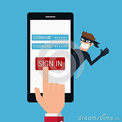 Thief. Hacker stealing sensitive data as passwords from a smartphone useful for anti phishing and internet viruses campaigns. Vector Illustration