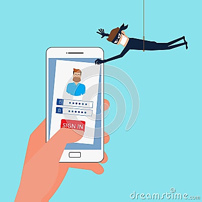 Thief Hacker stealing sensitive data, personal information as passwords from a smartphone useful for anti phishing. Vector Illustration