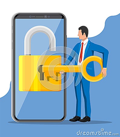 Thief or hacker use key to open smartphone. Vector Illustration