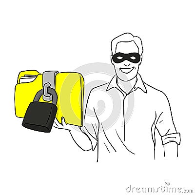Thief hacker virus dressed in dark mask stolen big yellow folder with lock vector illustration sketch doodle hand drawn isolated Vector Illustration