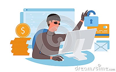 Thief hacking, cyber theft and online fraud, hacker using computer, stealing money Vector Illustration