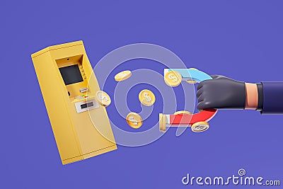 Thief hand with magnet and dollars near ATM machine Stock Photo