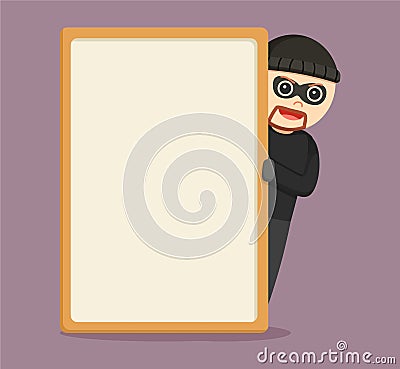 Thief hiding behind empty board Vector Illustration