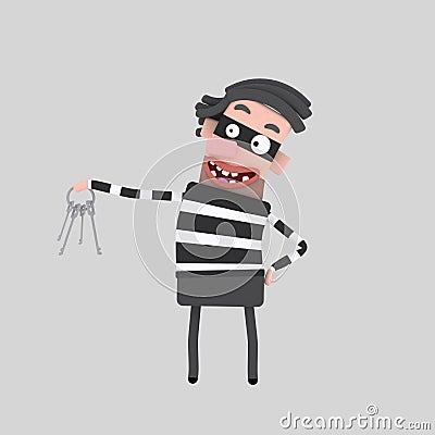 Thief holding many keys. 3D Cartoon Illustration