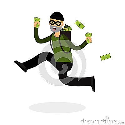 Thief in a mask character running with a backpack full of money Illustration Stock Photo