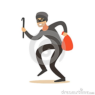 Thief in a mask sneaking with a crowbar and a sack, robbery colorful character vector Illustration Vector Illustration