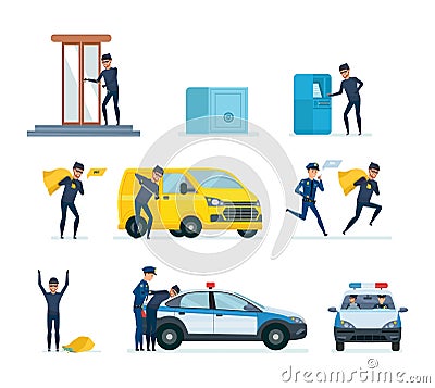 Thief penetrating bank, stealing money, thief hacking car, arrest criminal. Vector Illustration