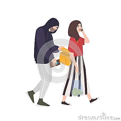 Thief, pickpocket or rubber dressed in hoodie stealing wallet or purse from woman`s bag. Criminal committing crime and Vector Illustration