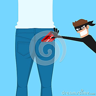 Thief pickpocket stealing a credit card from back jeans pocket. Vector Illustration