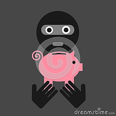 Thief, robber and burglar is robbing piggy bank, penny bank and money box Vector Illustration