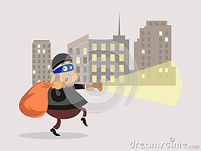 Thief. Robbery. Thief with bag of money. Vector Illustration