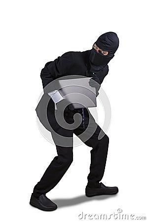 Thief running with laptop isolated Stock Photo