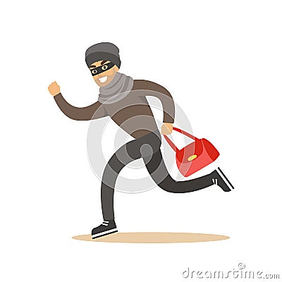 Thief running with a stolen red bag. Colorful cartoon character vector Illustration Vector Illustration