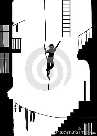 The thief runs away with ladder, stuntmen silhouette in the city, black and white memories, Vector Illustration