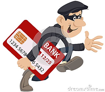 Thief runs with credit card. Funny people Vector Illustration