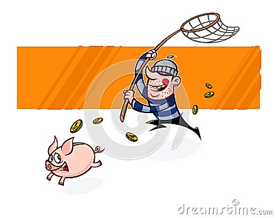 The thief runs after the piggy bank. Vector flat illustration of a pig and a burglar. Image is isolated on white background. Ready Vector Illustration