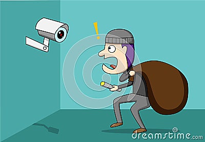 Thief shocked while CCTV detected a robber Vector Illustration