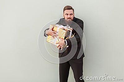 Thief, sneak concept. Bad emotions. Greedy businessman stole the Stock Photo