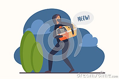 Thief stealing pet, burglar in disguise mask on face, hoodie holding carrier box with cat Vector Illustration