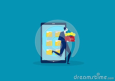 Thief steals holding box with idea bulbs from mobile. Vector Illustration