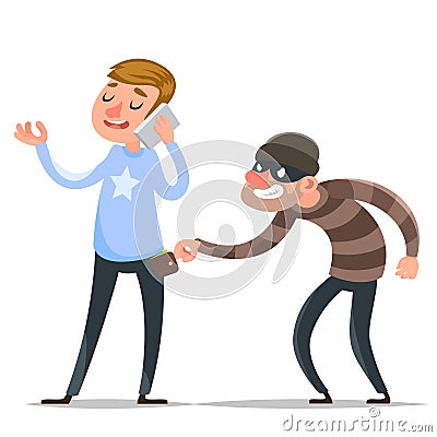 Thief steals purse from hapless guy character icon cartoon warning design template vector illustration Vector Illustration