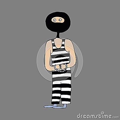 The thief is a swindler in striped clothes. The thief was caught by the police. The scammer in handcuffs. Vector Stock Photo