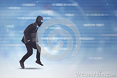 Thief wearing business suit and mask running stealing laptop Stock Photo
