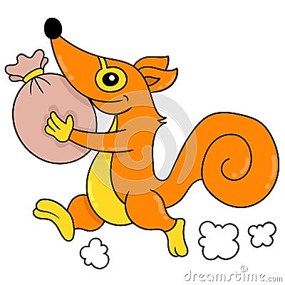 The thief weasel ran with a sack full of treasure, doodle icon image kawaii Vector Illustration