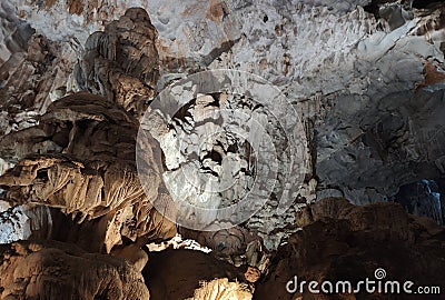 Stalagmites in Thien Cung Cave in Halong Bay in Quang Ninh Province, Vietnam. Amazing beauty of dolomite cave Editorial Stock Photo