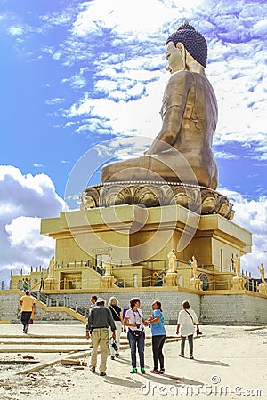 Thimphu, Bhutan - September 17, 2016: Caucasian tourist group visiting the giant Buddha Dordenma statue, Thimphu, Bhutan Editorial Stock Photo