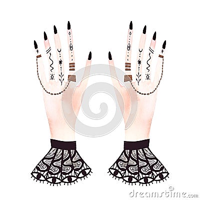 Thin arms with black manicure, rings, mystical tattoos with a snake, an eye and magical symbols, a chain and a lace Cartoon Illustration