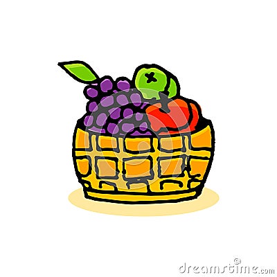 Thin black outline basket of fruits vector illustration isolated on white background. Vector Illustration