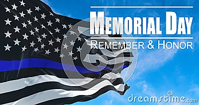 Thin Blue Line. Black Flag of USA with Police Blue Line waving in the wind on flagpole against the sky with clouds on sunny day Stock Photo