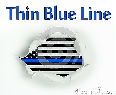 Thin blue line concept on American flag behind white paper burst. Stock Photo