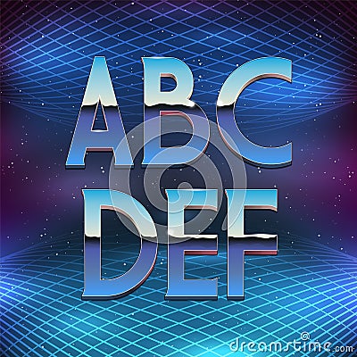 Thin Chrome Alphabet in 80s Retro Futurism style Vector Illustration