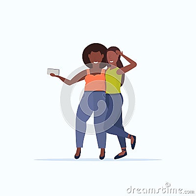 Thin and fat girls taking selfie photo on smartphone camera african american smiling women couple standing together flat Vector Illustration