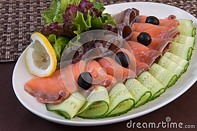 Thin fish slices of salted salmon and beluga Stock Photo