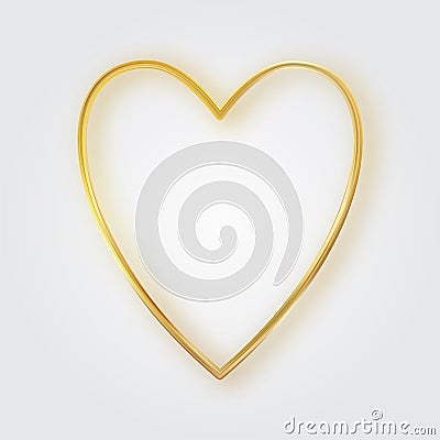 Thin gold heart frame. Golden realistic heart border. Luxury symbol of love. Vector Illustration