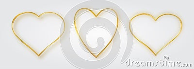 Thin gold heart frame set. Golden realistic heart border. Luxury symbol of love. Vector Illustration