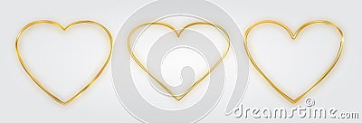 Thin gold heart frame set. Golden realistic heart border. Luxury symbol of love. Vector Illustration