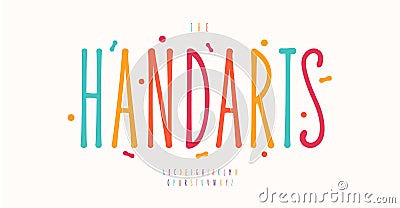 Thin handwritten alphabet, bright colorful letters, light children typography, childhood typographic design. Vector Vector Illustration