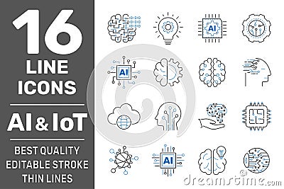 Thin icon set with machine learning, smart robotic, cloud computing network, digital AI and IoT technology. Editable Stroke Stock Photo