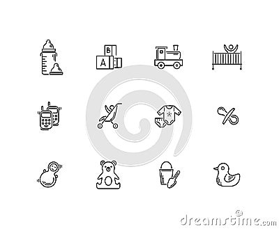 Thin line baby icons toys, feeding and care Vector Illustration