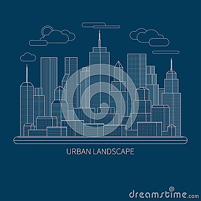 Thin line big city landscape concept illustration. Flat design abstract vector background Vector Illustration