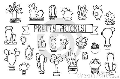 Thin line cactus and succulent clipart. Potted cactus and succulents icons. Cartoon Illustration