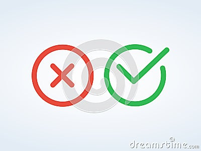 Thin line check mark icons. Green tick and red cross checkmarks flat line icons set. Vector Illustration