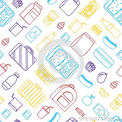 Thin Line Color School Lunch Food Boxes Seamless Pattern Background. Vector Vector Illustration